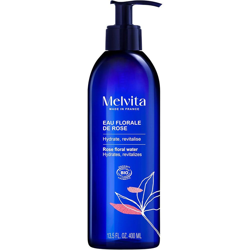 Flacon bleu transparent avec pompe noire. Inscription: Melvita, Eau Florale de Rose, 400 ml. Certification bio.