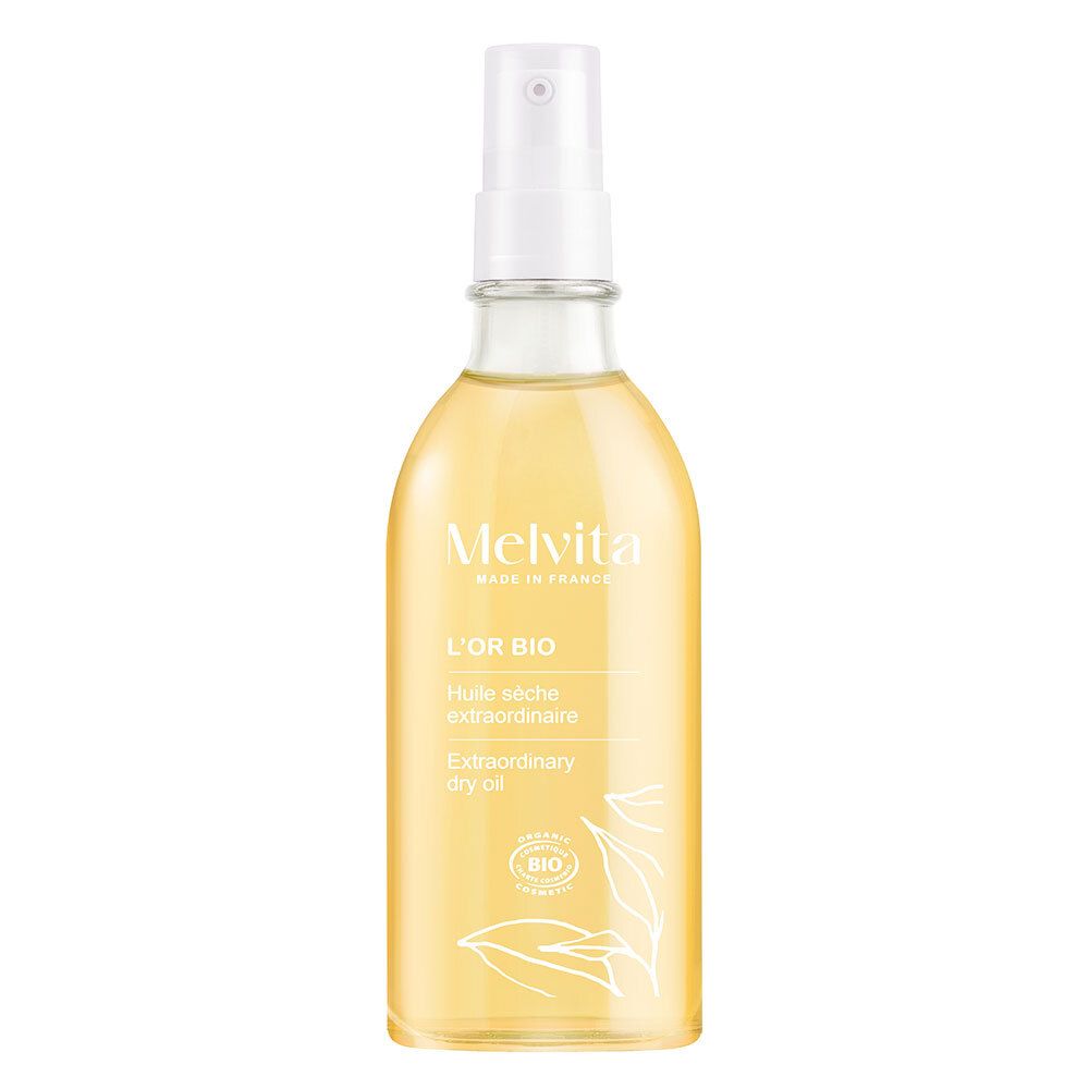 Melvita L'Or Bio droge olie fles met verstuiver. Gele vloeistof. Bio-keurmerk. Made in France.