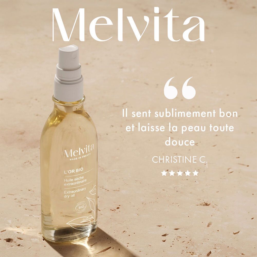 Melvita L'Or Bio fles. Citaat: Het ruikt heerlijk en maakt de huid zacht.