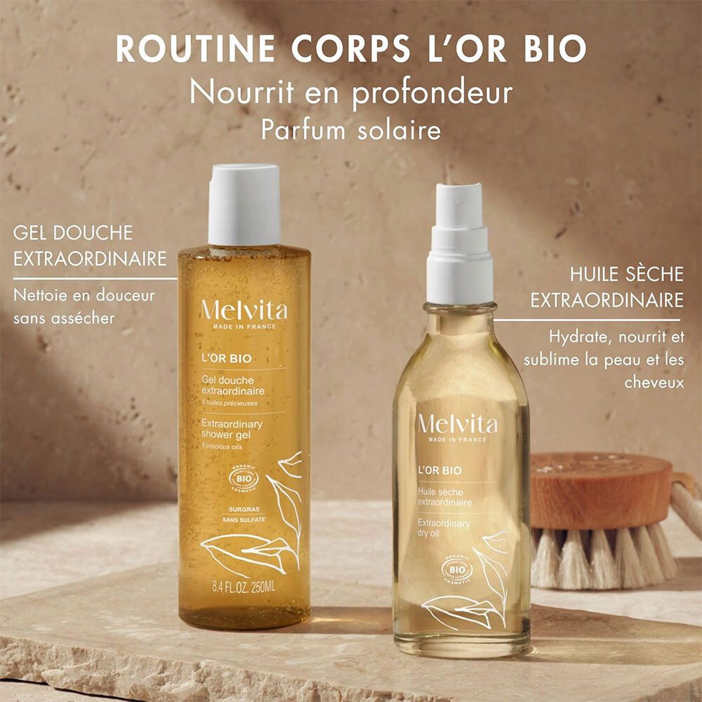 Twee producten: Gel Douche Extraordinaire en Huile Sèche Extraordinaire. Tekst: Routine Corps L'Or Bio.