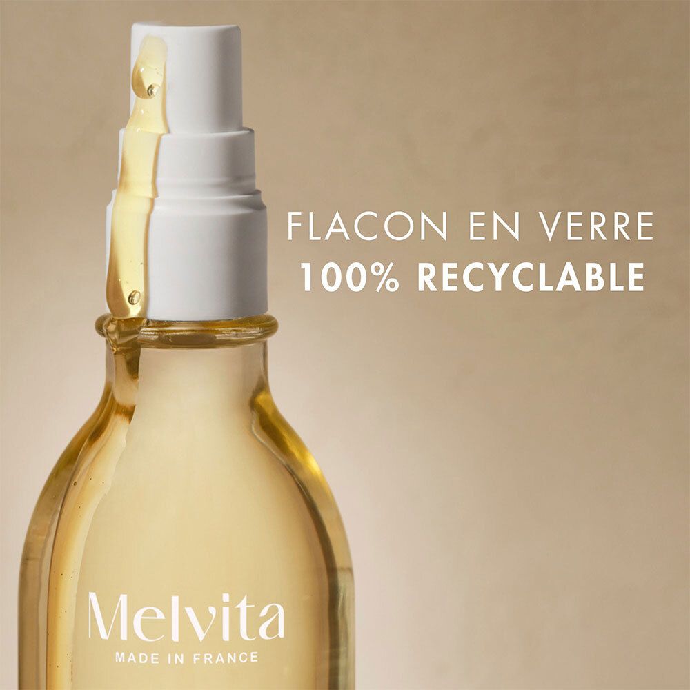 Melvita L'Or Bio oliefles. Tekst: FLACON EN VERRE 100% RECYCLABLE.