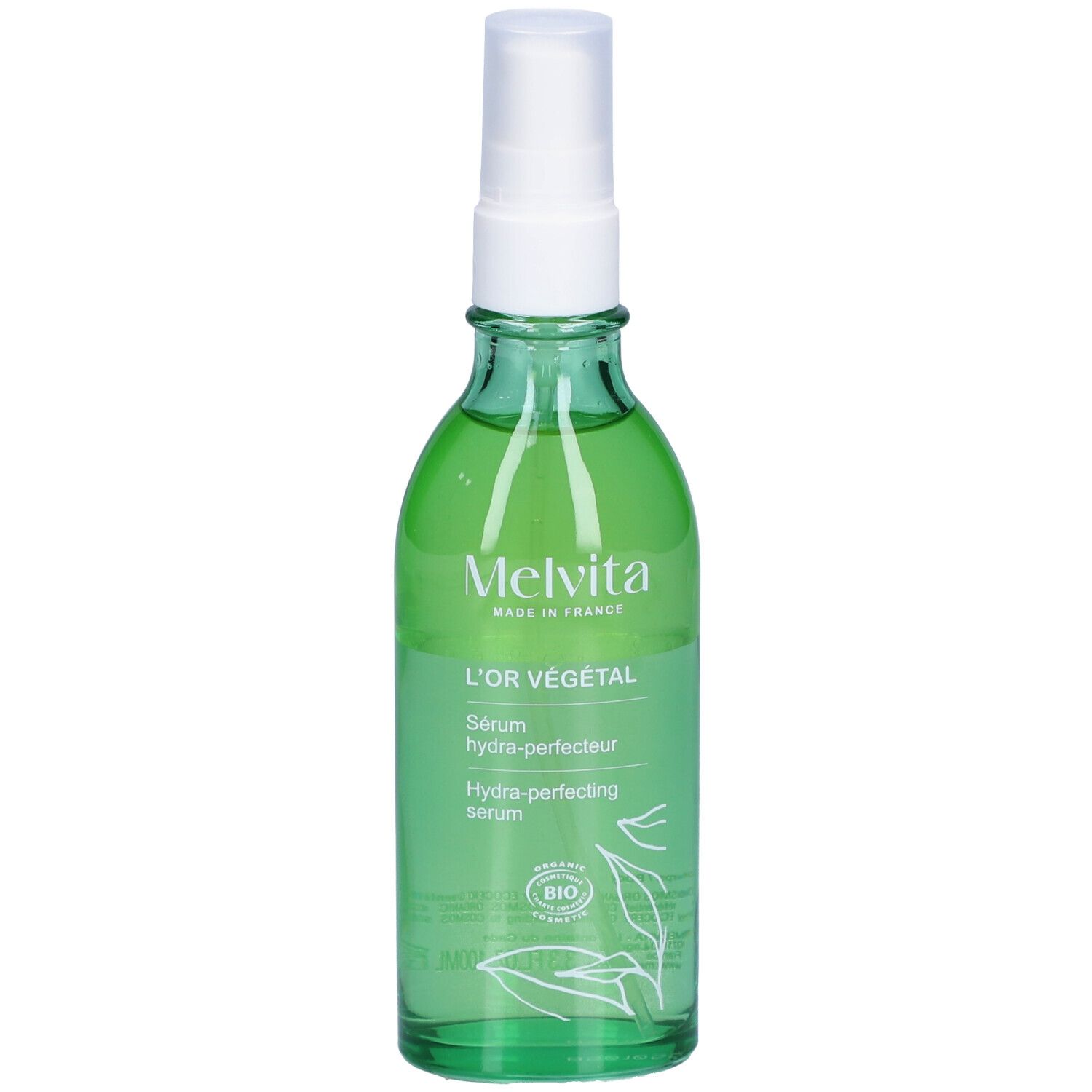 Groene glazen fles met verstuiver. Opschrift: L'OR VÉGÉTAL, Sérum hydra-perfecteur, Hydra-perfecting serum. Bio-certificering.