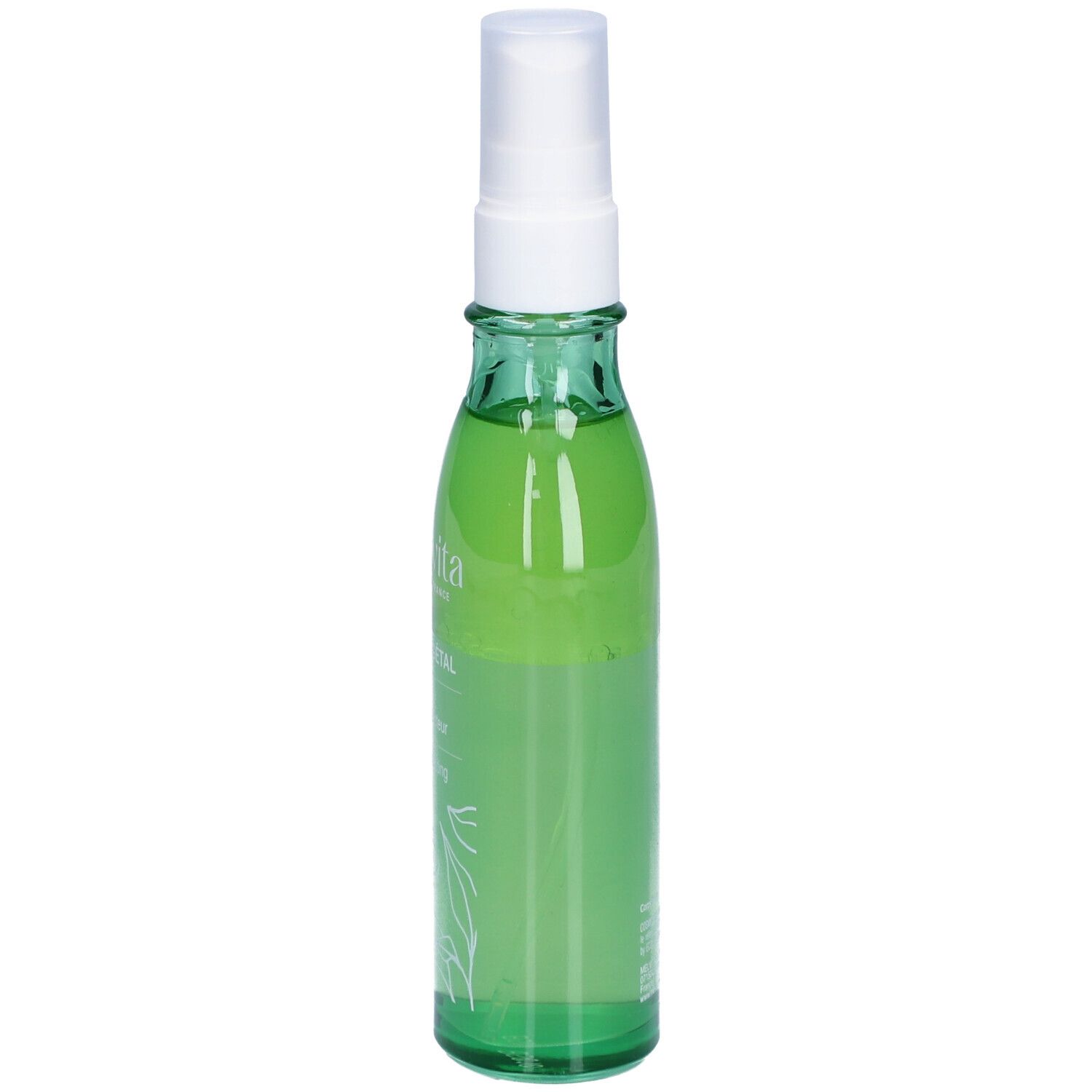 Groene glazen fles met verstuiver. Opschrift: L'OR VÉGÉTAL, Sérum hydra-perfecteur, Hydra-perfecting serum. Bio-certificering.