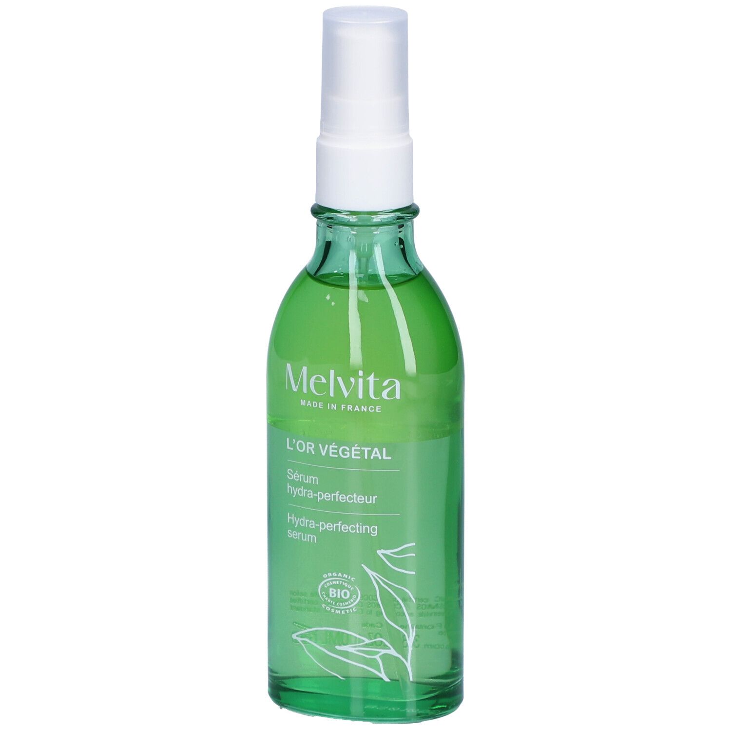 Groene glazen fles met verstuiver. Opschrift: L'OR VÉGÉTAL, Sérum hydra-perfecteur, Hydra-perfecting serum. Bio-certificering.