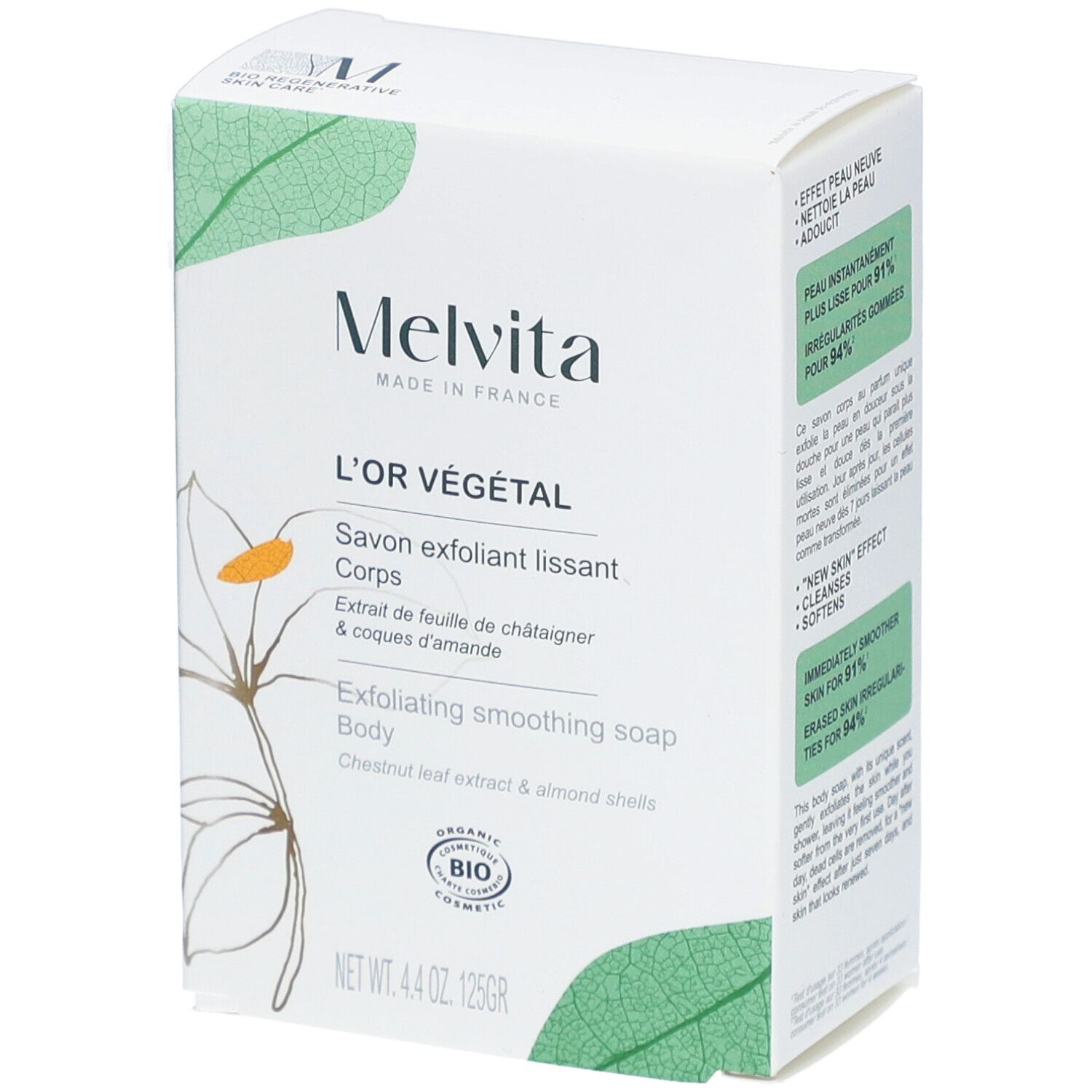 Boîte blanche avec nom du produit et logo. Texte : L'Or Végétal, Savon exfoliant lissant Corps. Certification Bio.