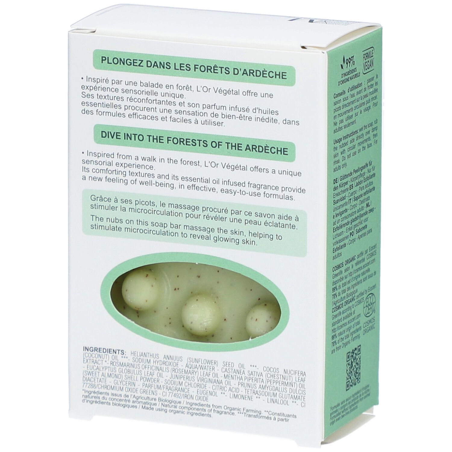 Dos de la boîte avec description du produit. Visible : savon avec petites billes. Texte : L'Or Végétal.