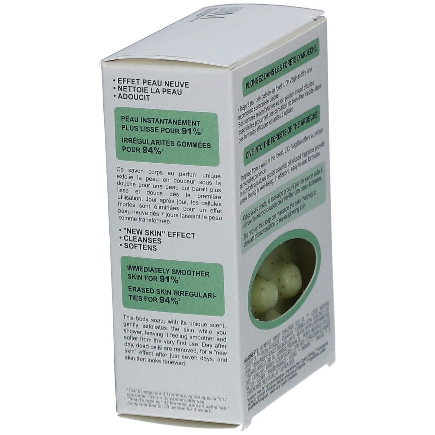 Boîte avec description du produit et savon. Texte : L'Or Végétal, Peau neuve, nettoie la peau, adoucit.