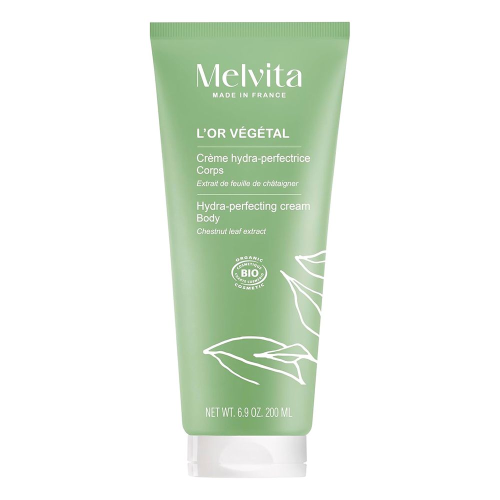 Groene tube MELVITA L'Or Végétal Hydra-Perfector Body Cream. Productnaam en ingrediënten. Biologische certificering.