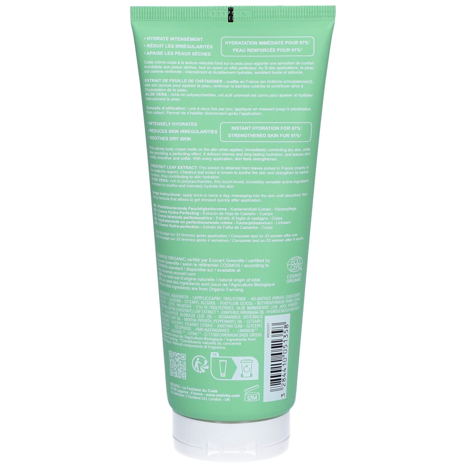 Achterkant van de groene tube. Tekst in witte letters. Bio-label en recyclingsymbolen.