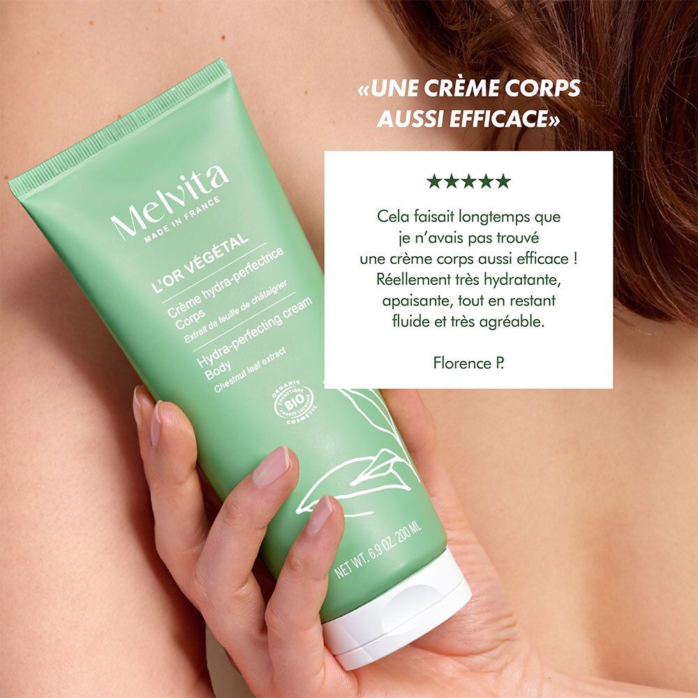 Tube vert dans une main. Texte : Une crème corps aussi efficace. Citation de Florence P.