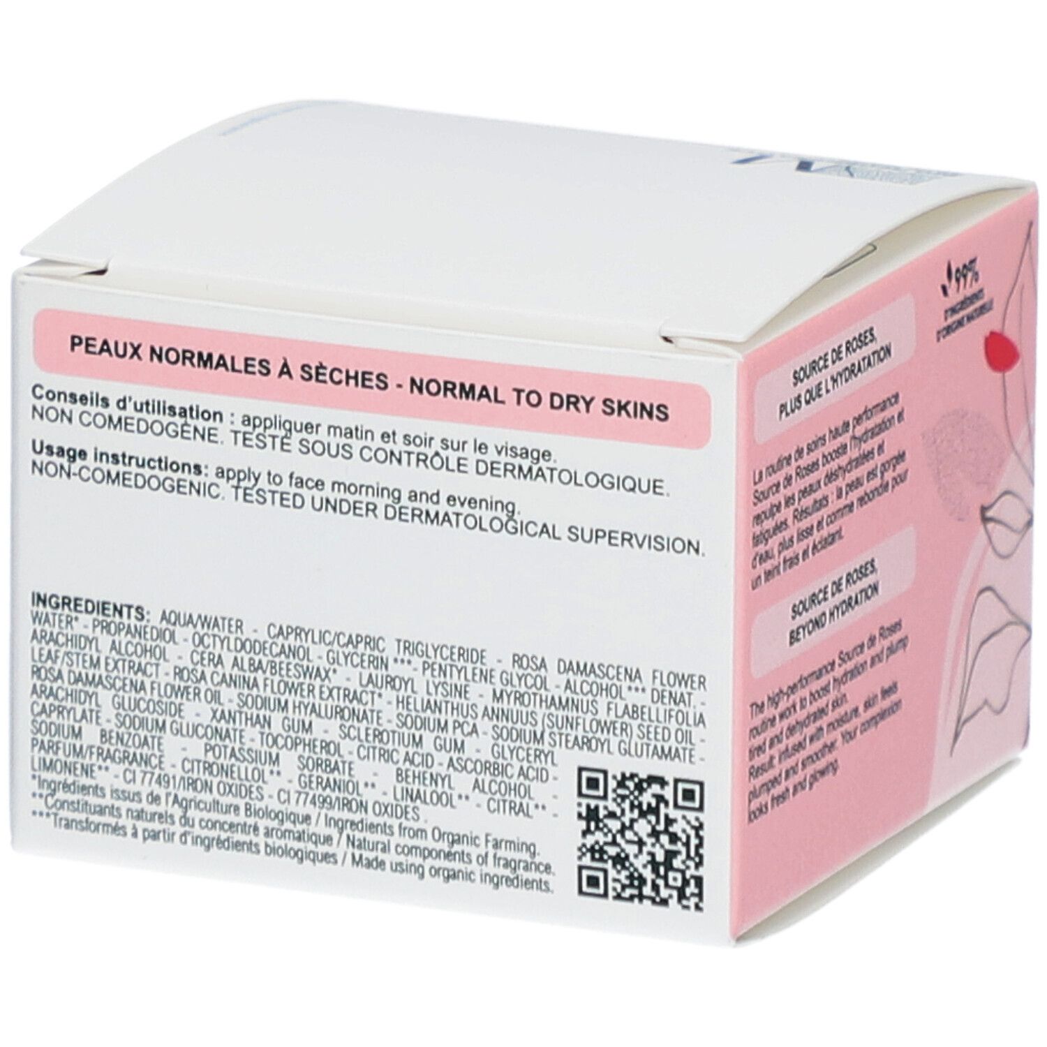 Verpakking met productnaam en ingrediëntenlijst. Bevat Franse tekst en een QR-code.