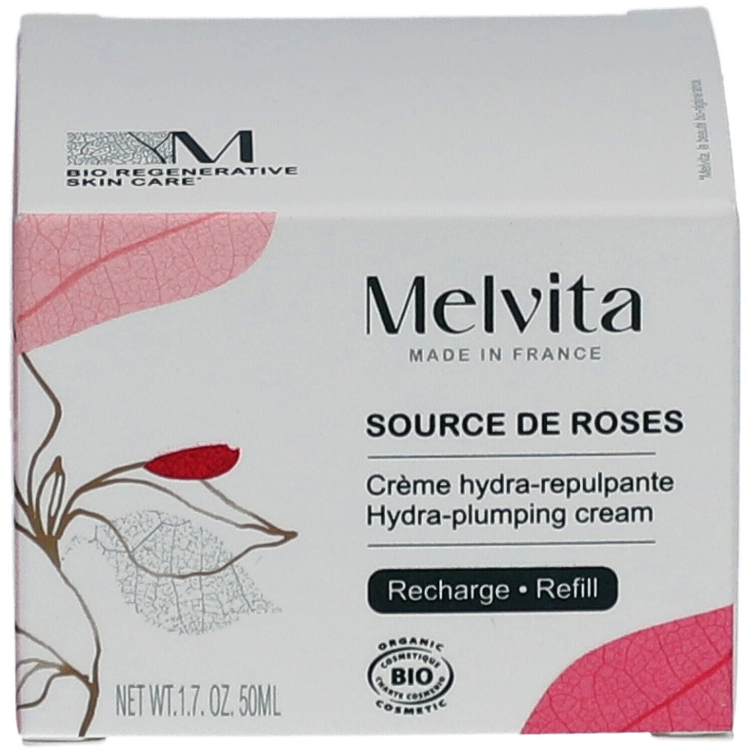 Witte verpakking met productnaam en logo. Bevat Franse tekst en een biologisch cosmeticalabel.