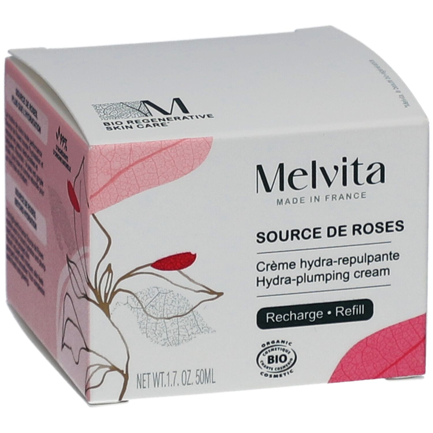 Witte verpakking met productnaam en logo. Bevat Franse tekst en een biologisch cosmeticalabel.