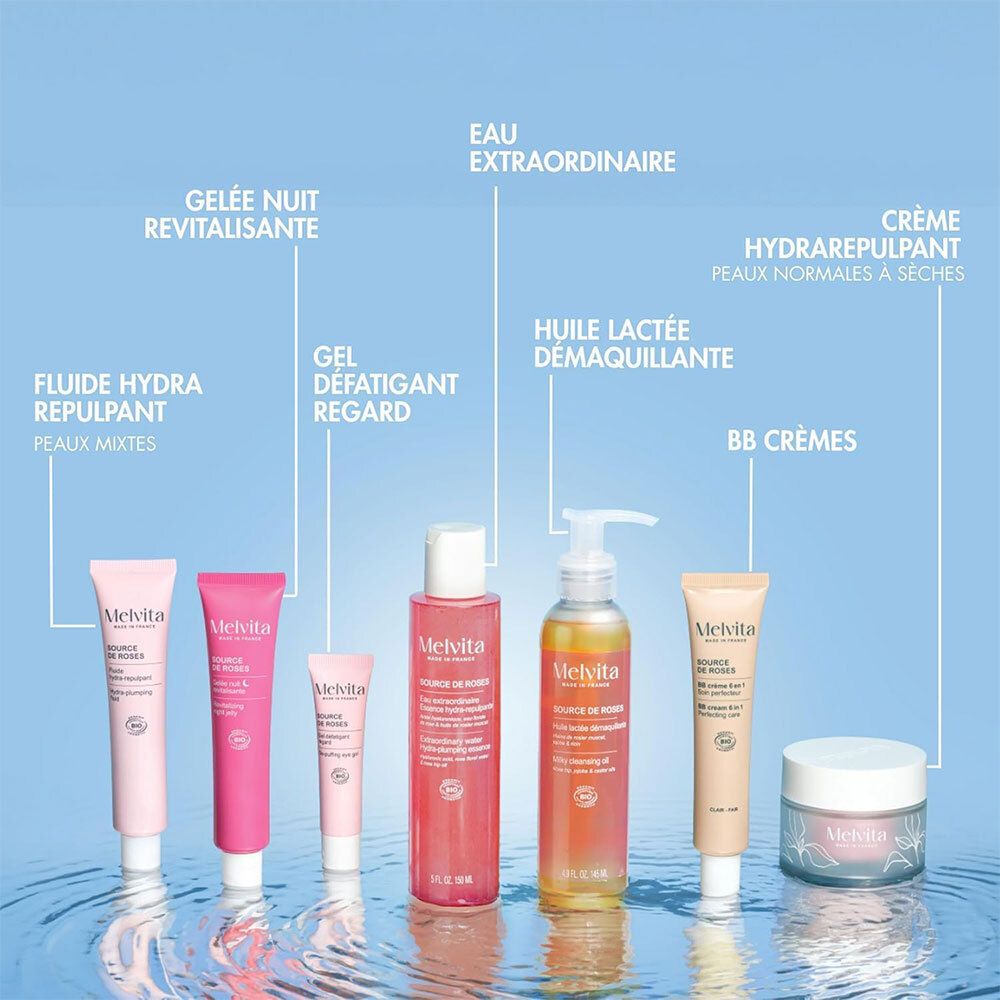 Verschillende Melvita producten. Rozen essence fles, andere flessen, crèmes en tubes.