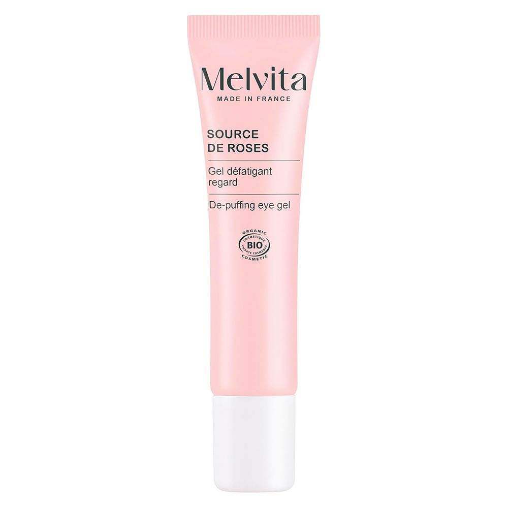 Roze ooggel tube. Merk Melvita. Bio-certificering. Roze tube met witte dop.