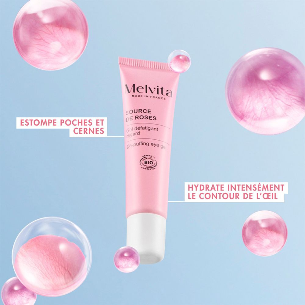 Roze ooggel tube, omringd door roze bellen. Tekst: Hydrateert intensief de oogcontour.