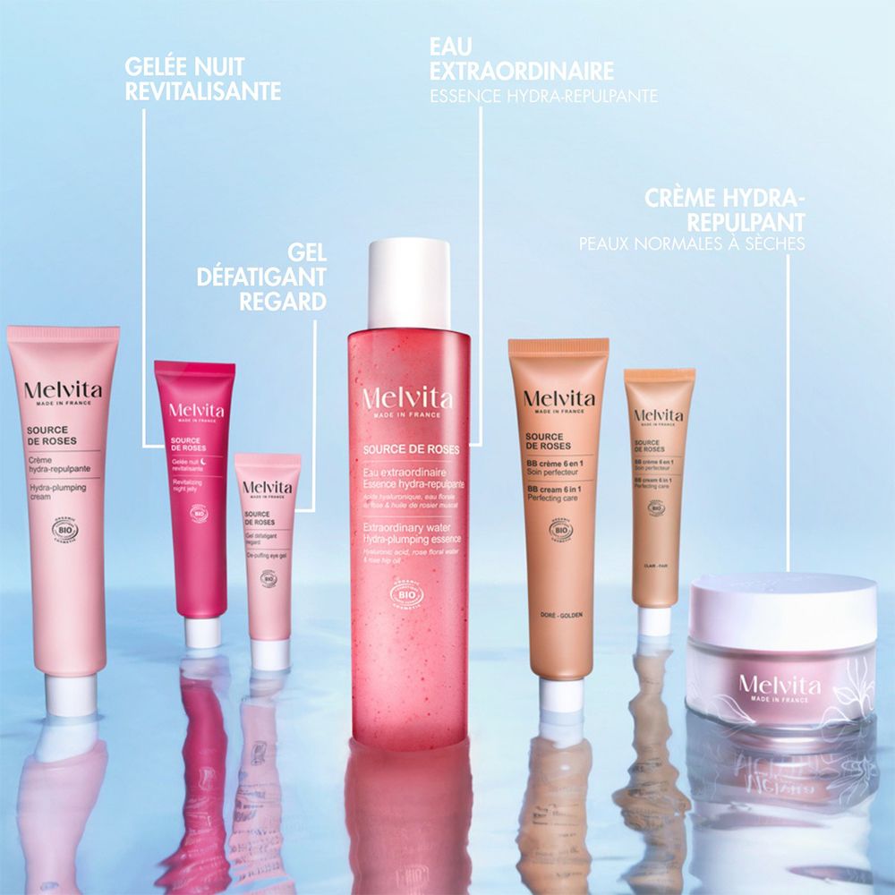 Verschillende Melvita producten. Gel Défatigant Regard, Gelée Nuit Revitalisante, Eau Extraordinaire, Crème Hydra-Repulpant.