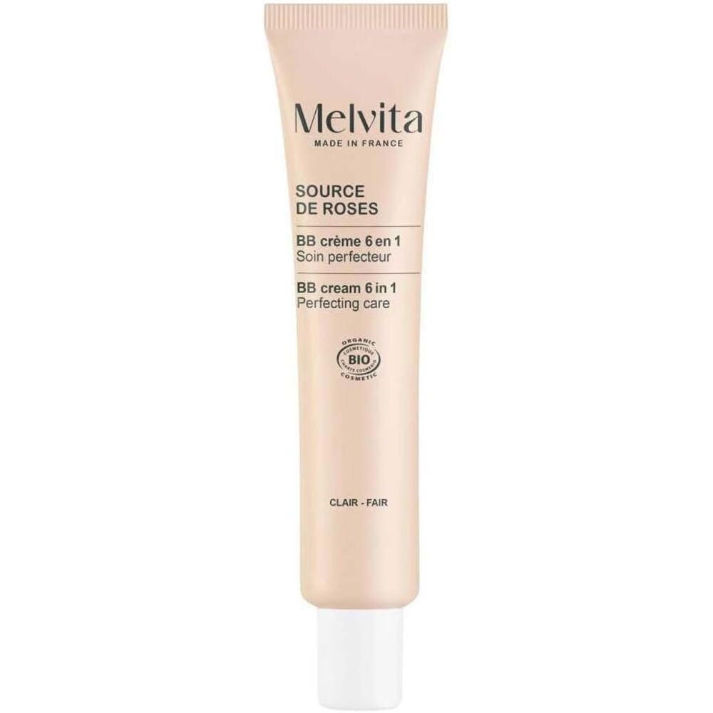 Beige tube. Melvita Source de Roses BB Cream 6 in 1 Clear. Bio-certificering. Witte dop.