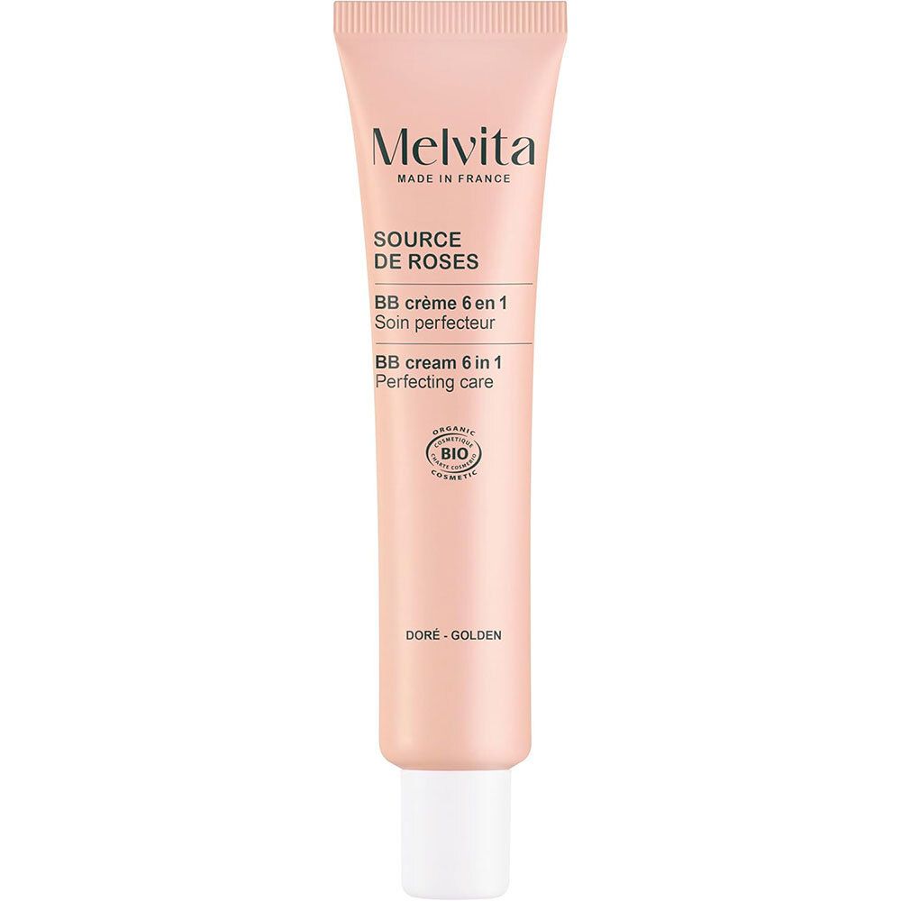 Roze BB crème tube. Opschrift: Melvita, Source de Roses, BB crème 6 en 1, doré-golden. Bio-certificering.