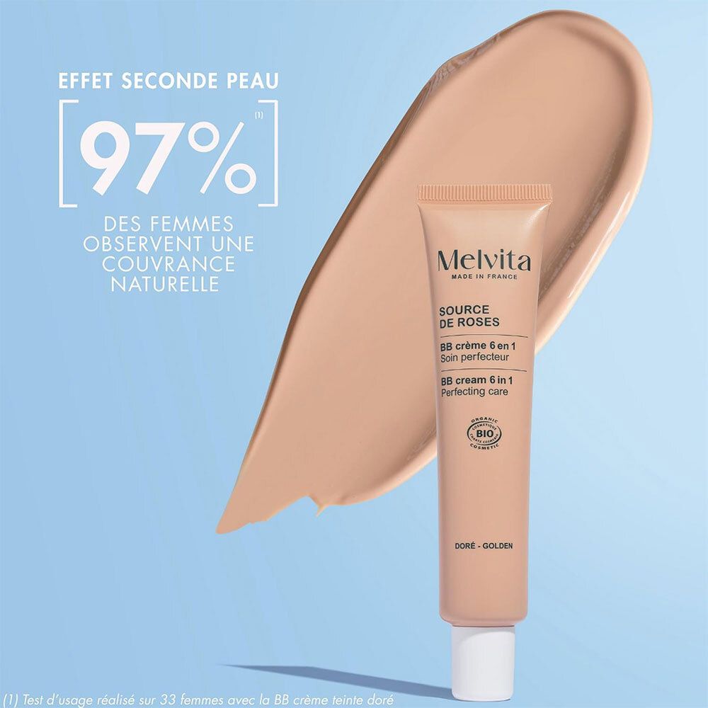 BB crème tube en crème uitstrijk. Tekst: 97% van de vrouwen observeren een natuurlijke dekking.