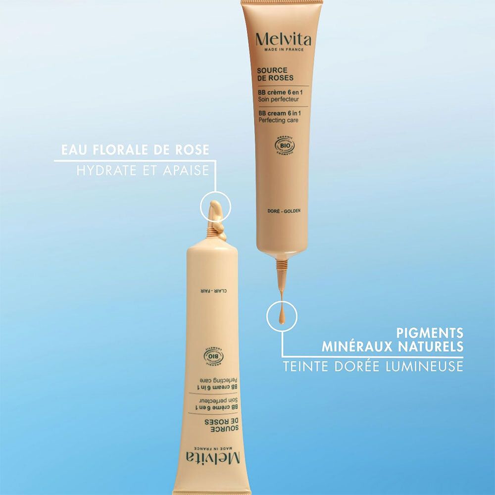 Twee BB crème tubes. Tekst: Eau florale de rose hydrate et apaise, Pigments minéraux naturels, Teinte dorée lumineuse.