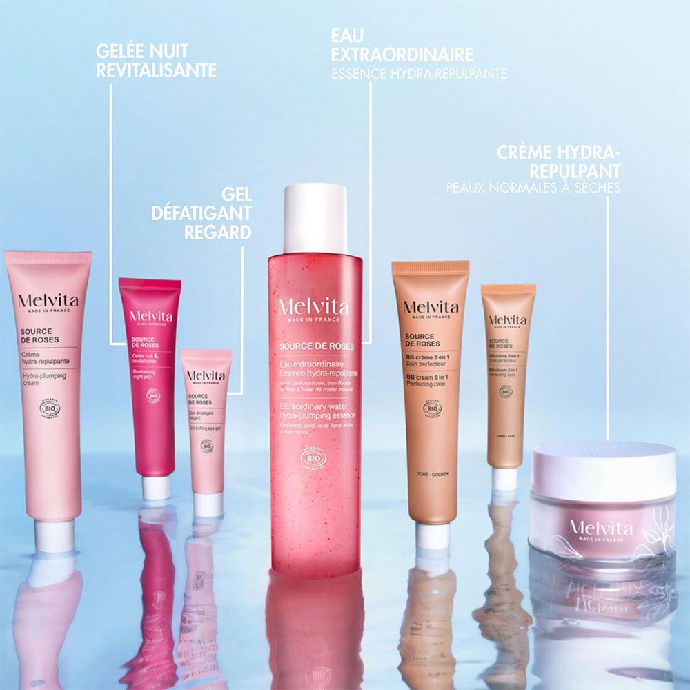 Verschillende Melvita producten. Gelee nuit revitalisante, Gel défatigant regard, Eau extraordinaire, Crème hydra-repulpante.