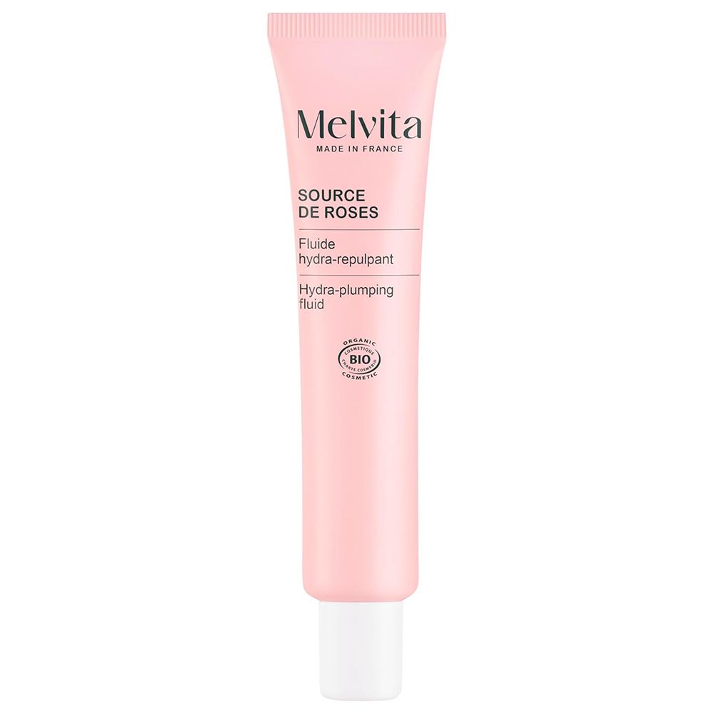 Tube rose Melvita. Source de Roses, Fluide hydra-repulpant. Logo Bio. Fabriqué en France.