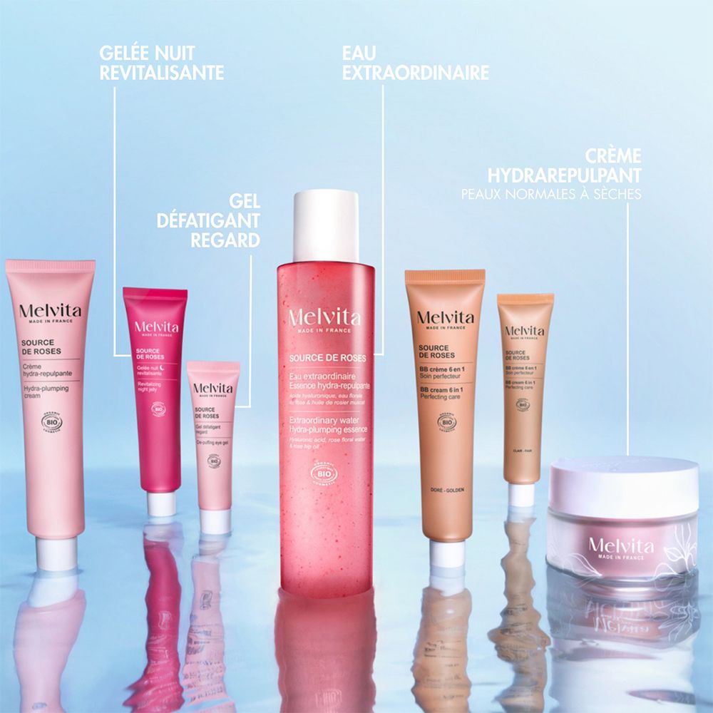 Divers produits Melvita. Gelée, gel, eau, crème et tubes. Emballages roses et orangés.