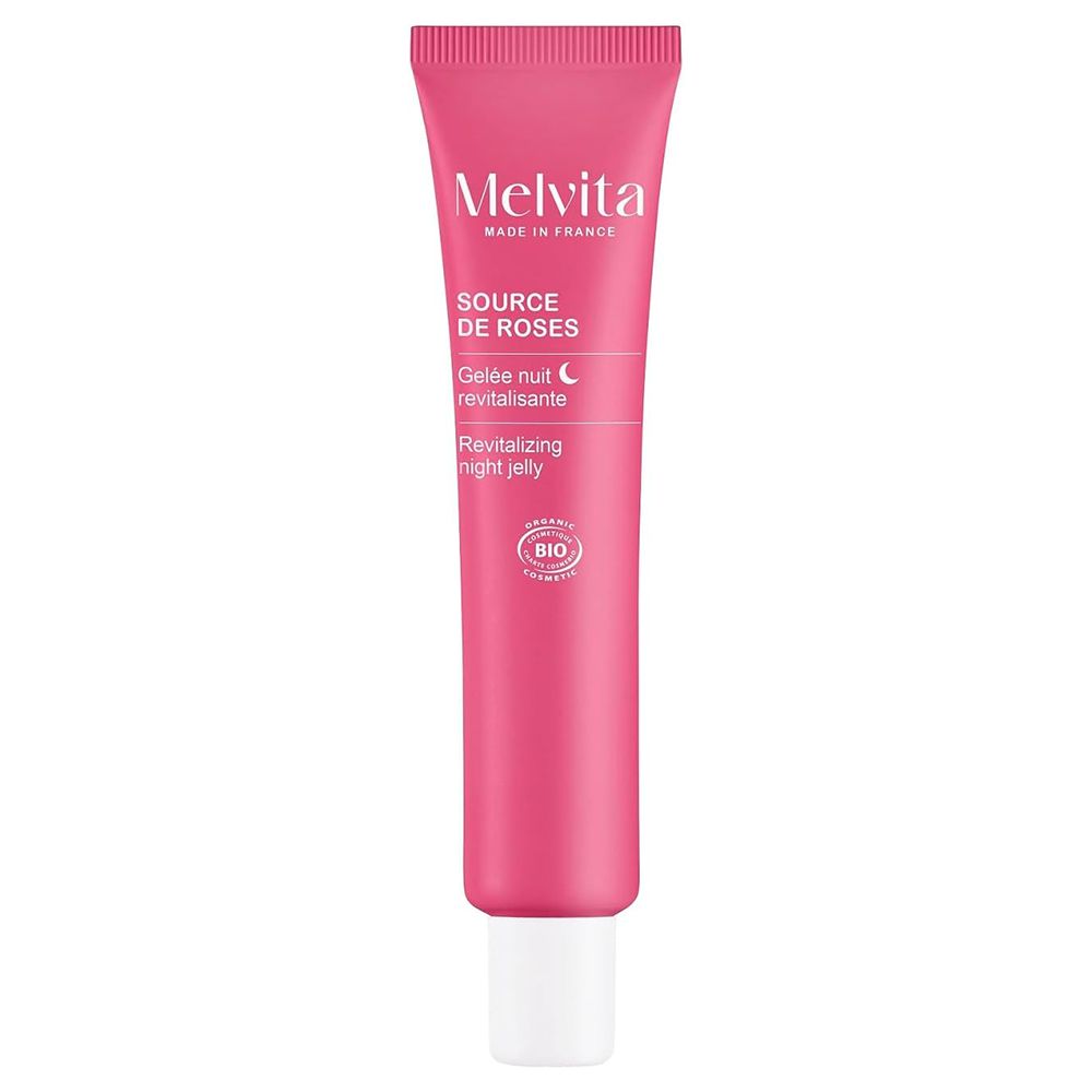 Tube rose avec bouchon blanc. Texte : Melvita, Source de Roses, Gelée nuit revitalisante, Revitalizing night jelly. Certification Bio.