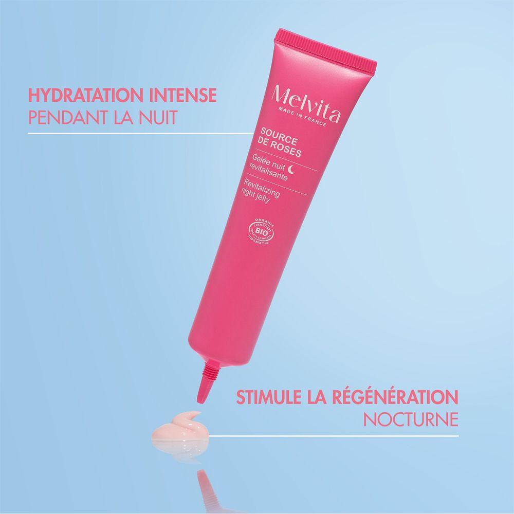 Melvita Source de Roses tube met geknepen punt en een druppel gel.