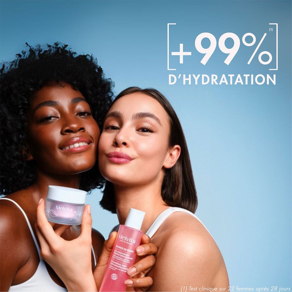 Twee vrouwen met producten. Crèmetube en roze fles. Tekst: +99% D'HYDRATATION.