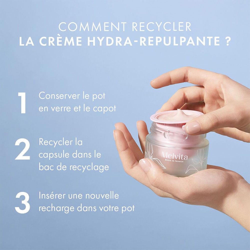 Handen houden crèmetube vast. Tekst: HOE DE HYDRA-RE-PULPANTE CRÈME TE RECYCLEN? 3 stappen.
