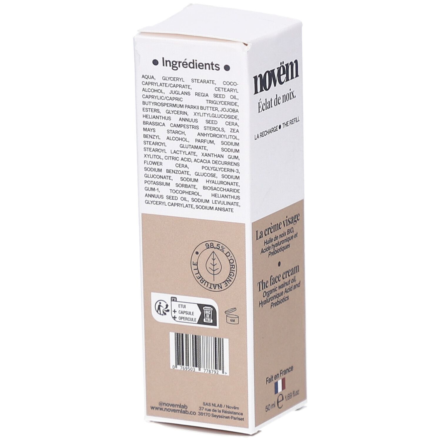 Dos de l'emballage blanc du produit. Contient ingrédients et informations. Avec logo et code-barres.