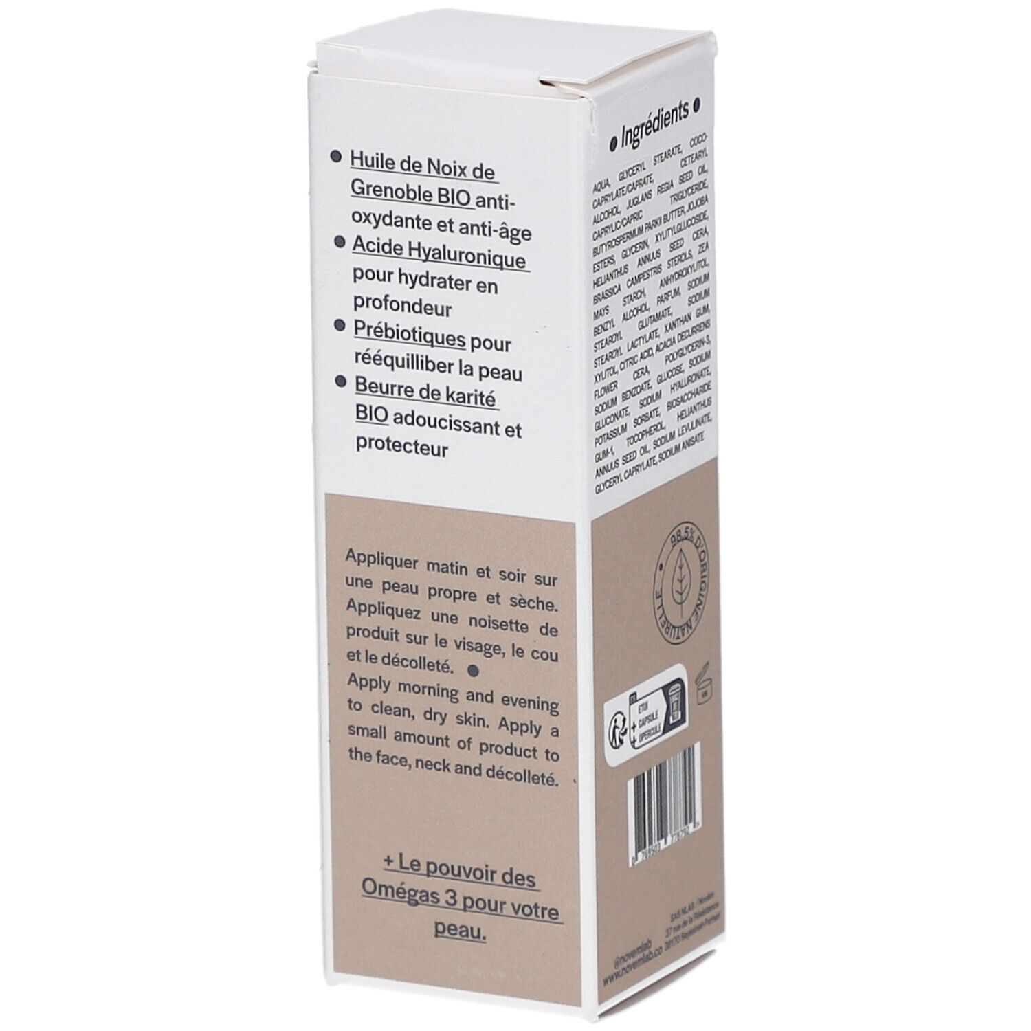 Emballage du produit avec texte. Contient des informations sur les ingrédients et l'utilisation. Avec logo et texte.