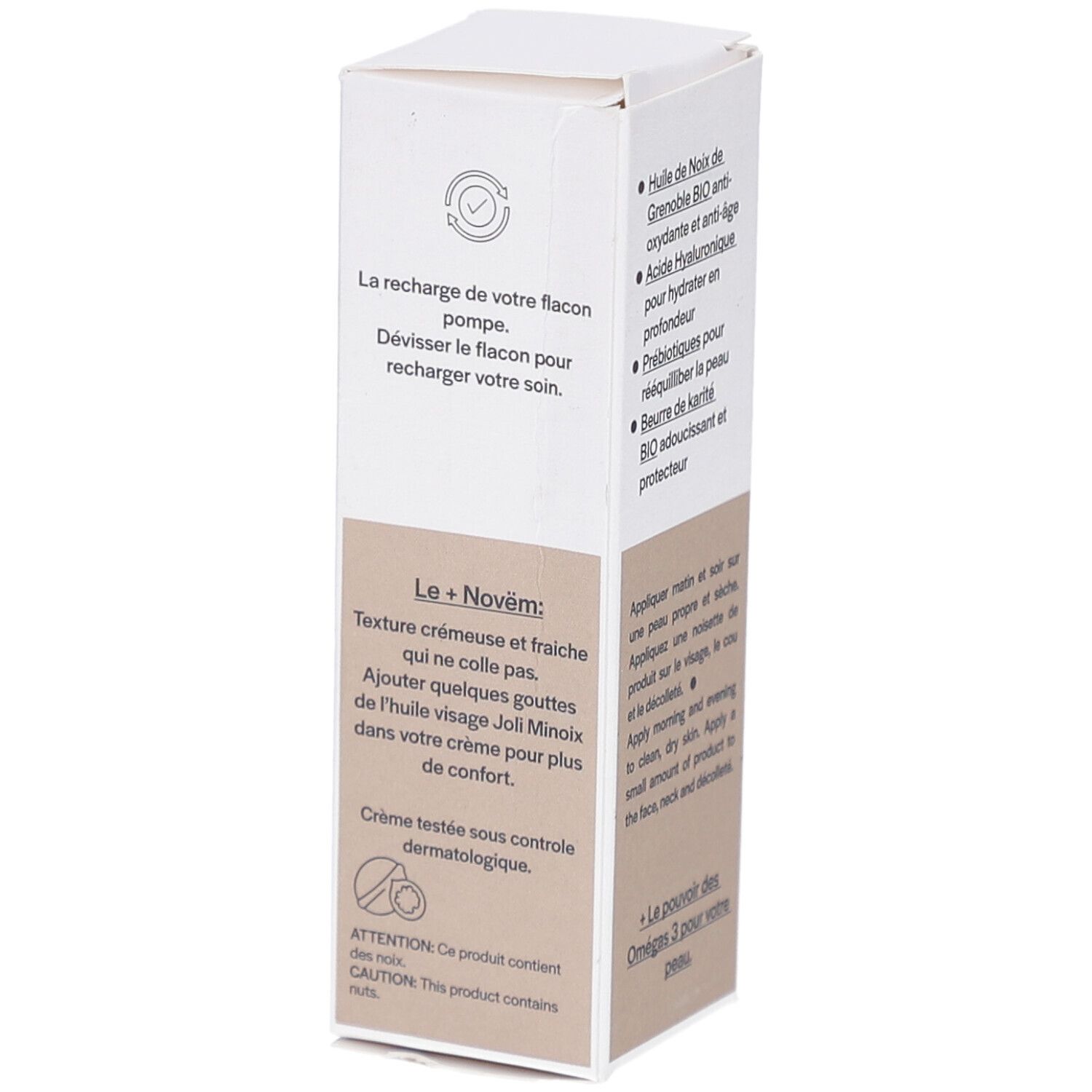 Emballage du produit avec texte. Contient des informations sur l'utilisation et les ingrédients. Avec logo et texte.