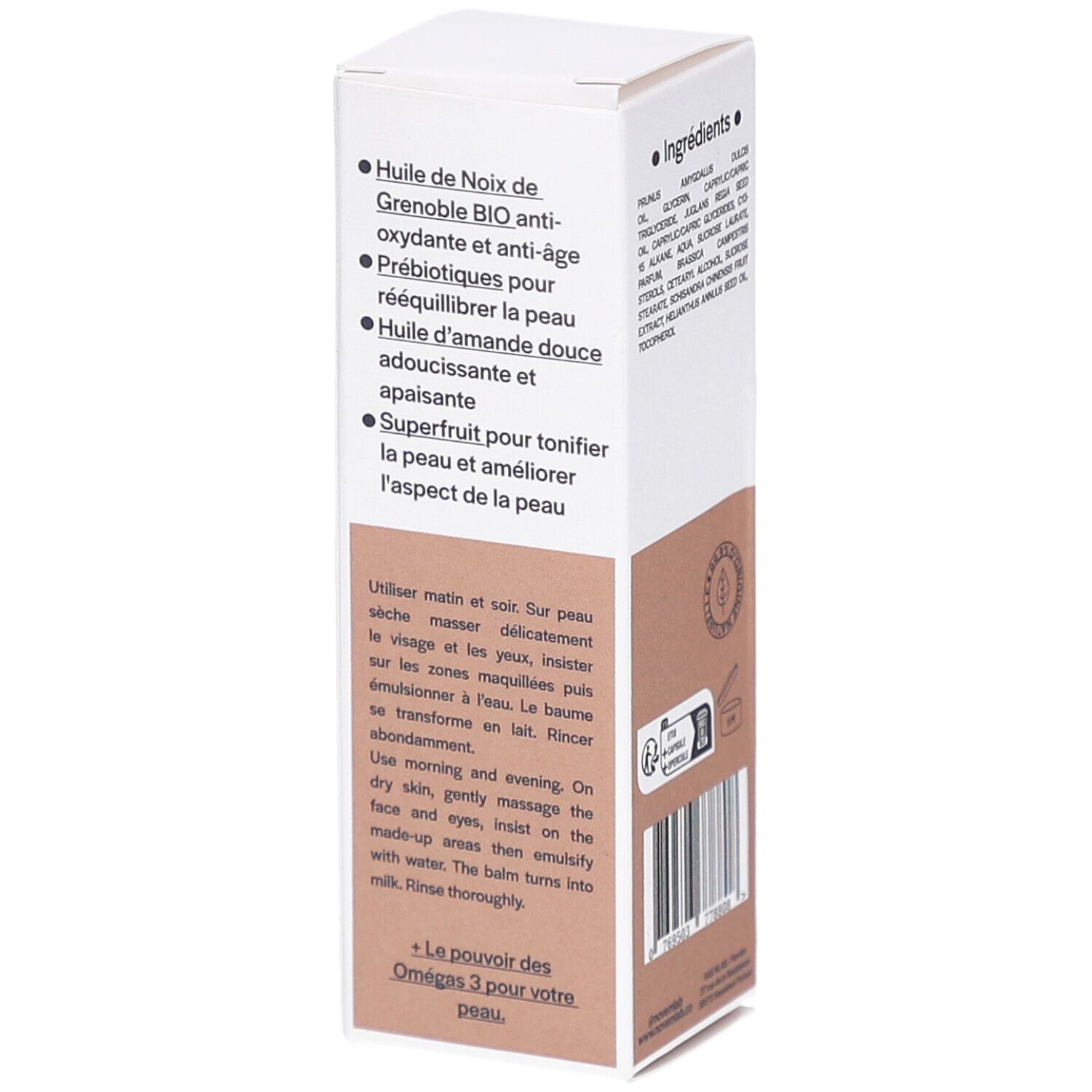 Witte doos met productinformatie. Tekst in het Frans en Engels. Met illustraties.