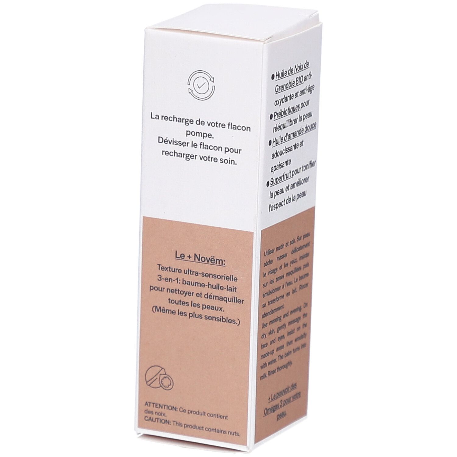 Witte doos met productinformatie en illustraties. Tekst in het Frans en Engels.