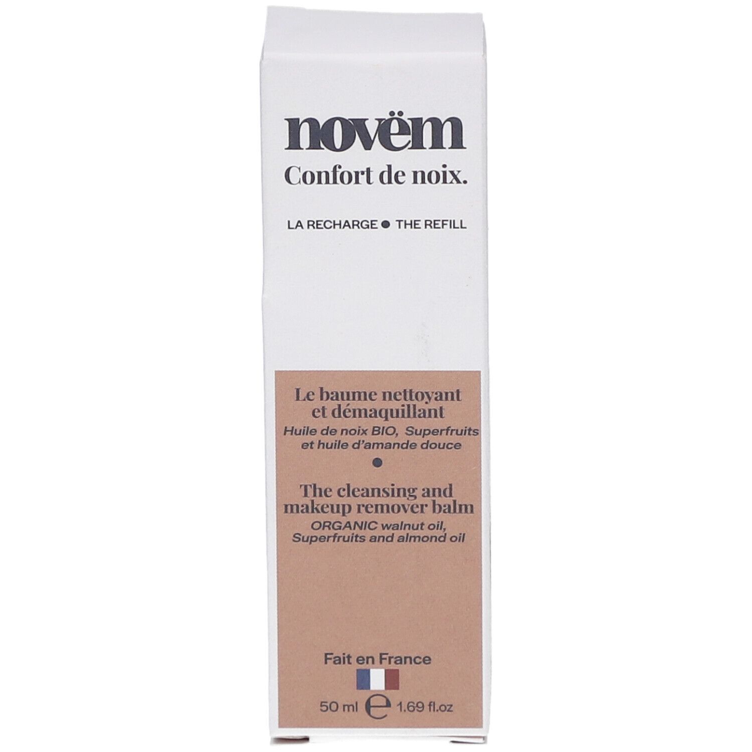 Witte doos met NOVEM-logo en productnaam. Tekst in het Frans en Engels. 50 ml.