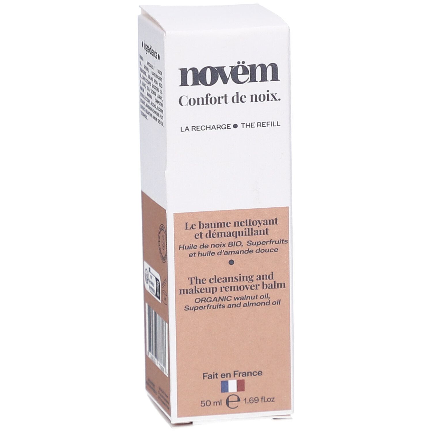 Witte doos met NOVEM-logo en productnaam. Tekst in het Frans en Engels. 50 ml.