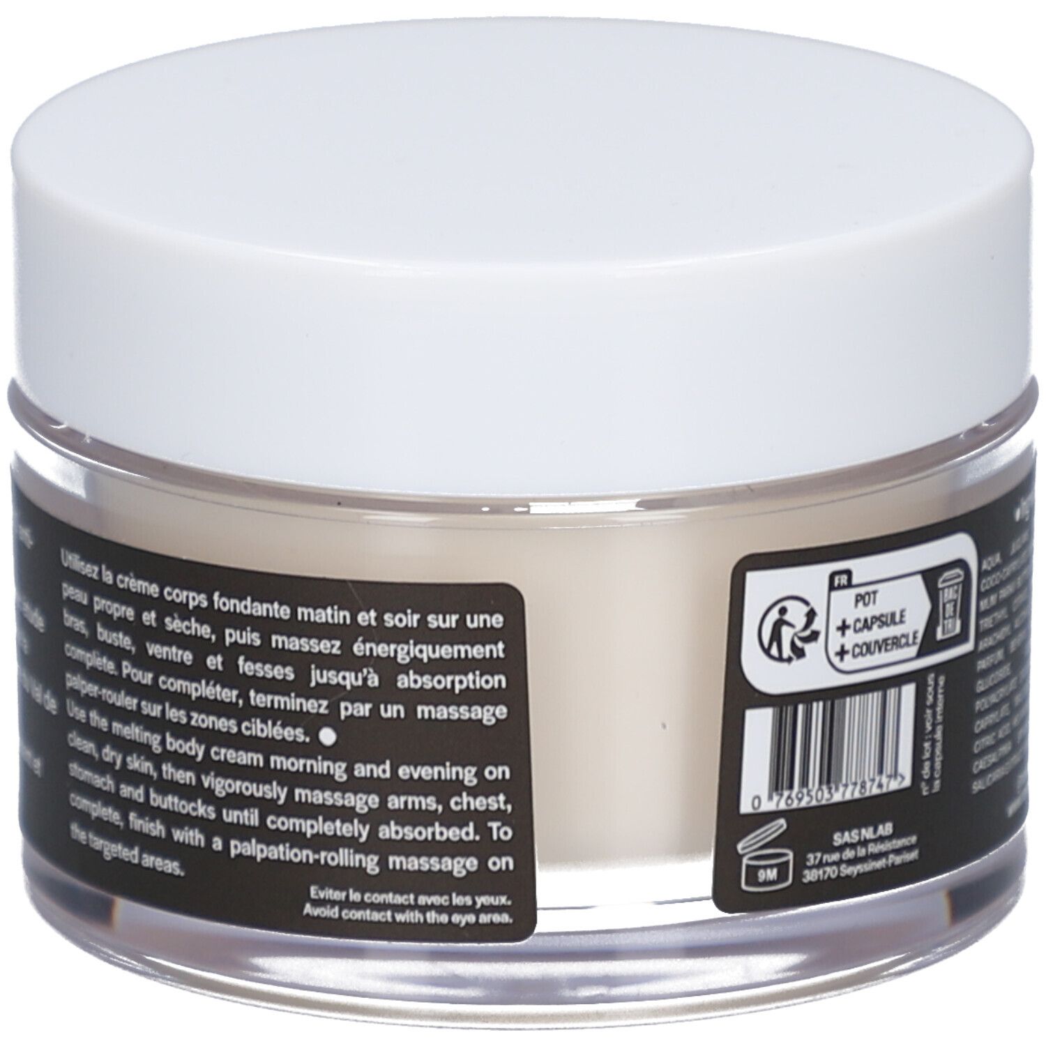 Crèmepot met witte deksel. Zwart etiket met tekst: Utilisez la crème corps fondante, Le+Novëm. Transparant glas.