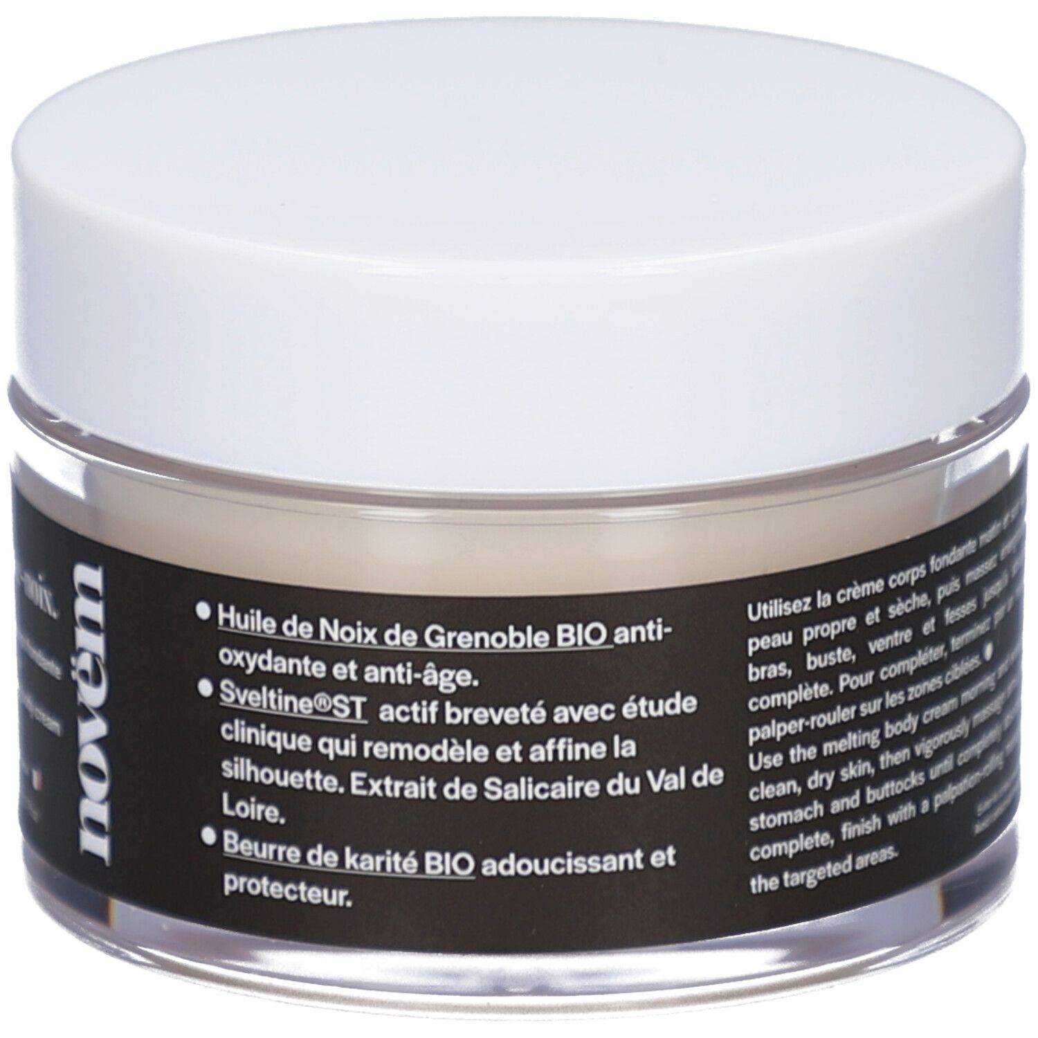 Crèmepot met witte deksel. Zwart etiket met tekst: Sculpt-noix, La crème corps fondante, novëm. 200 ml. Transparant glas.