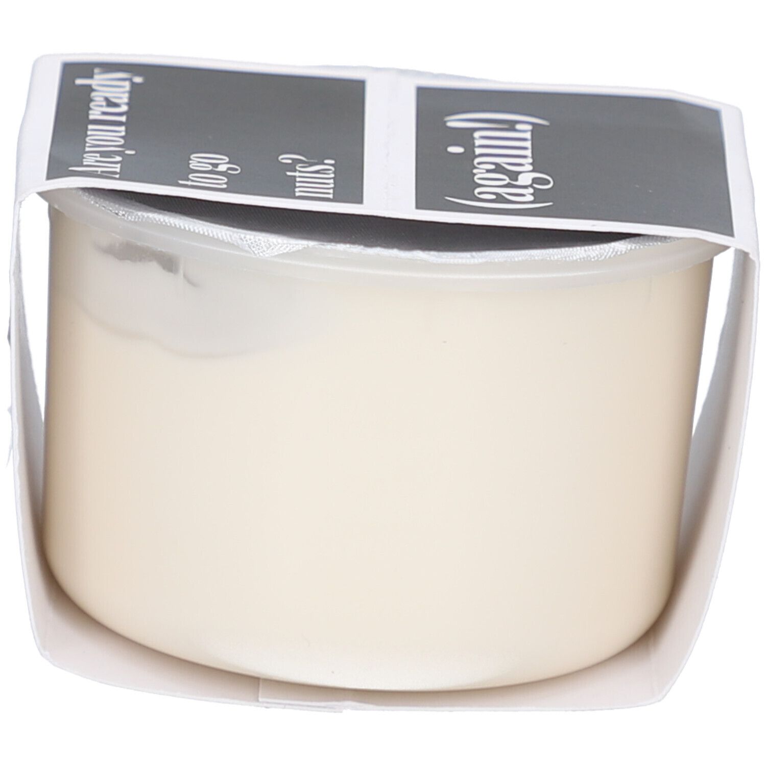 Crèmecontainer, zijaanzicht. Etiket met tekst: Are you ready to go nuts? (again!).