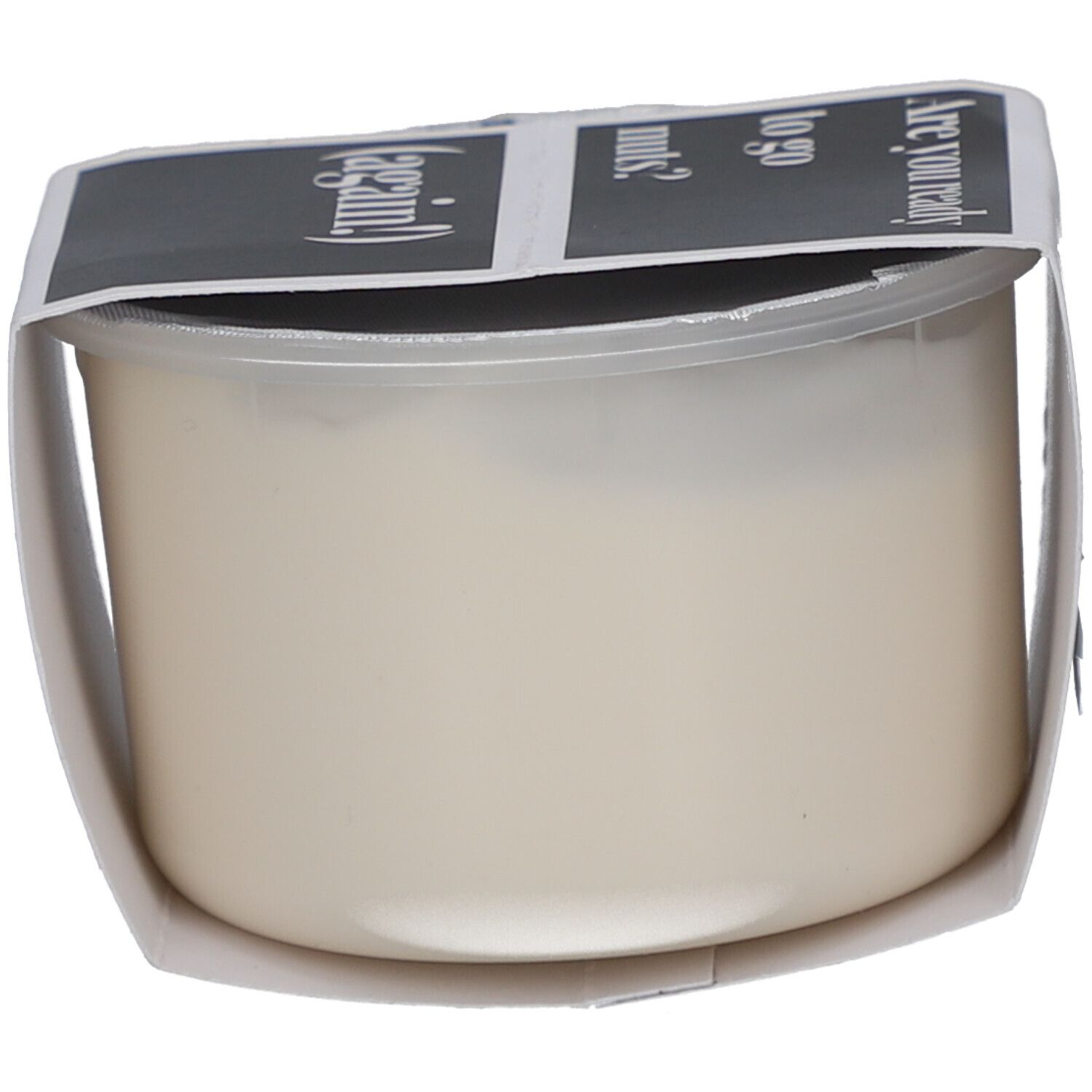 Crèmecontainer, zijaanzicht. Etiket met tekst: Are you ready to go nuts? (again!).