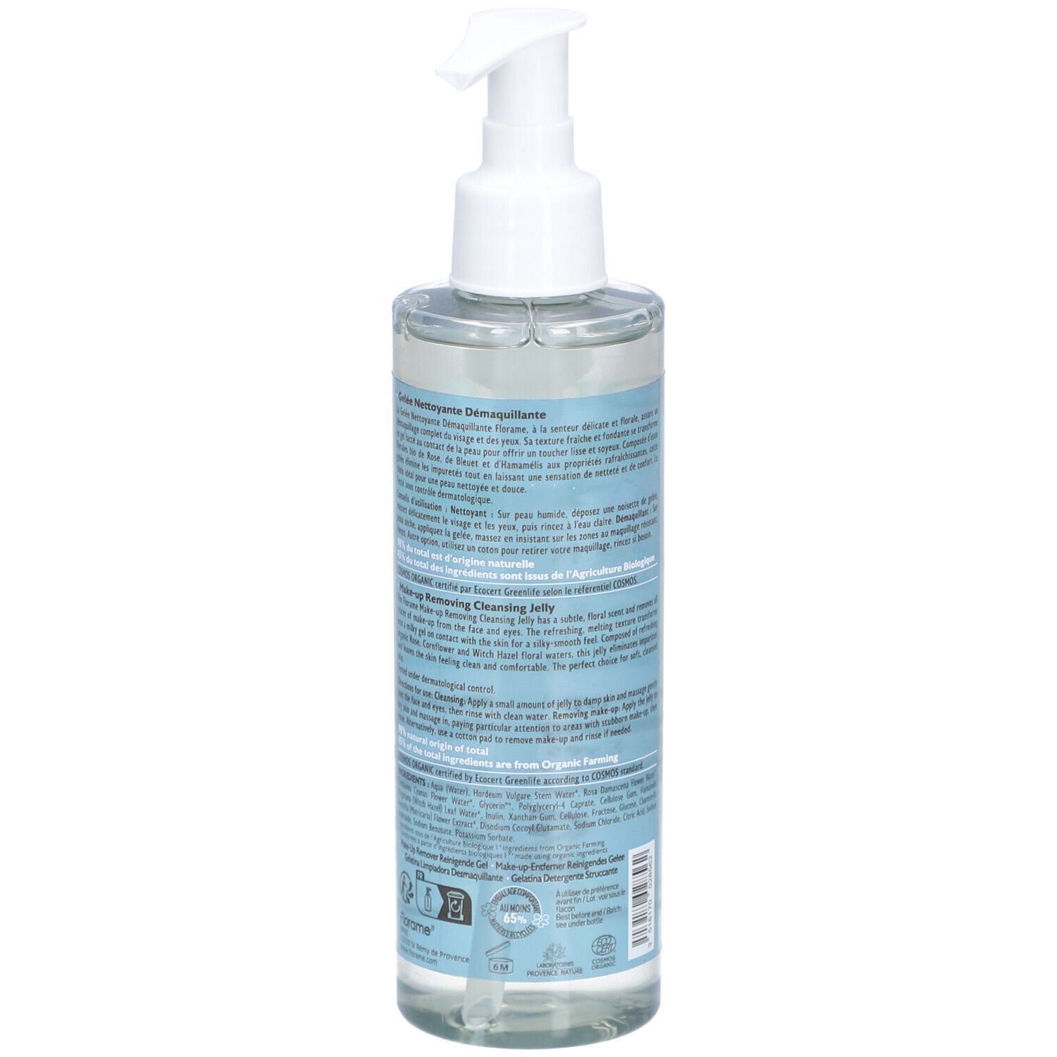Flacon transparent avec pompe blanche. Texte sur l'étiquette en plusieurs langues. Certification Bio. Vue arrière.