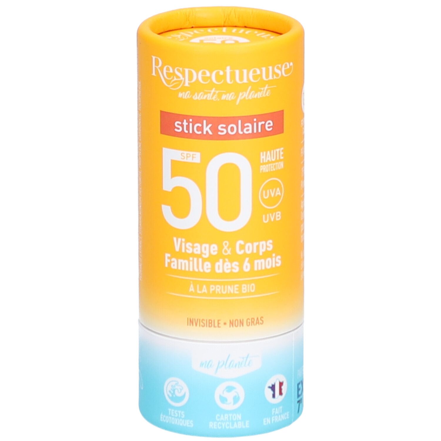 Stick solaire cylindrique. Emballage jaune-orangé avec informations produit et SPF 50. Pour visage et corps, dès 6 mois.