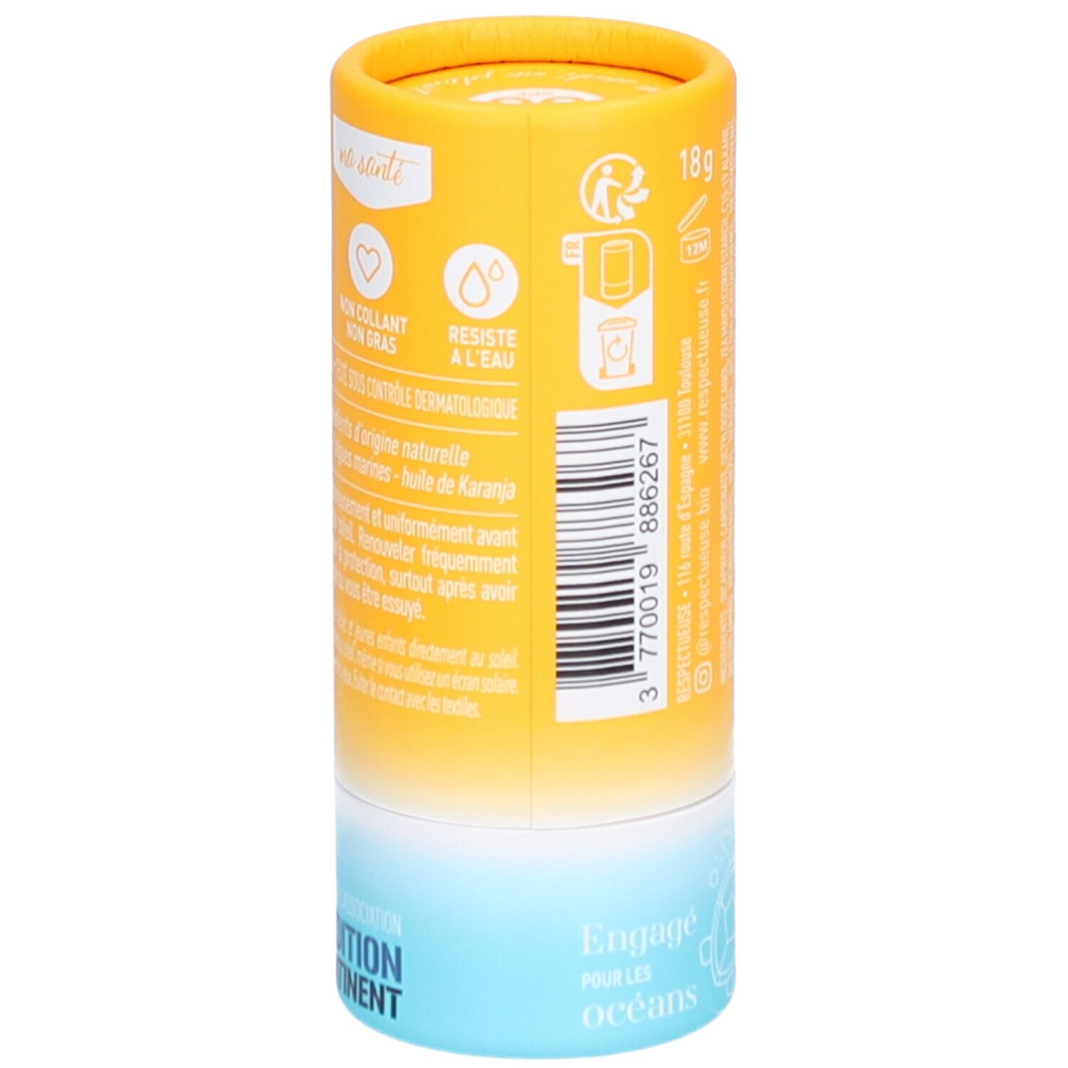 Stick solaire cylindrique. Emballage jaune-orangé avec informations produit. Résistant à l'eau, testé dermatologiquement, ingrédients.