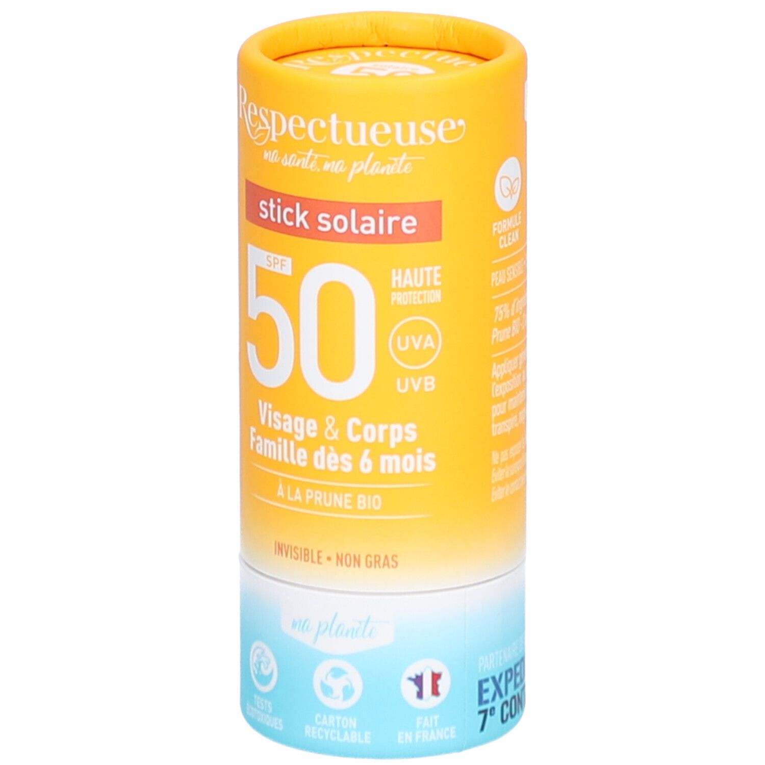 Stick solaire cylindrique. Emballage jaune-orangé avec informations produit et SPF 50. Pour visage et corps, dès 6 mois.