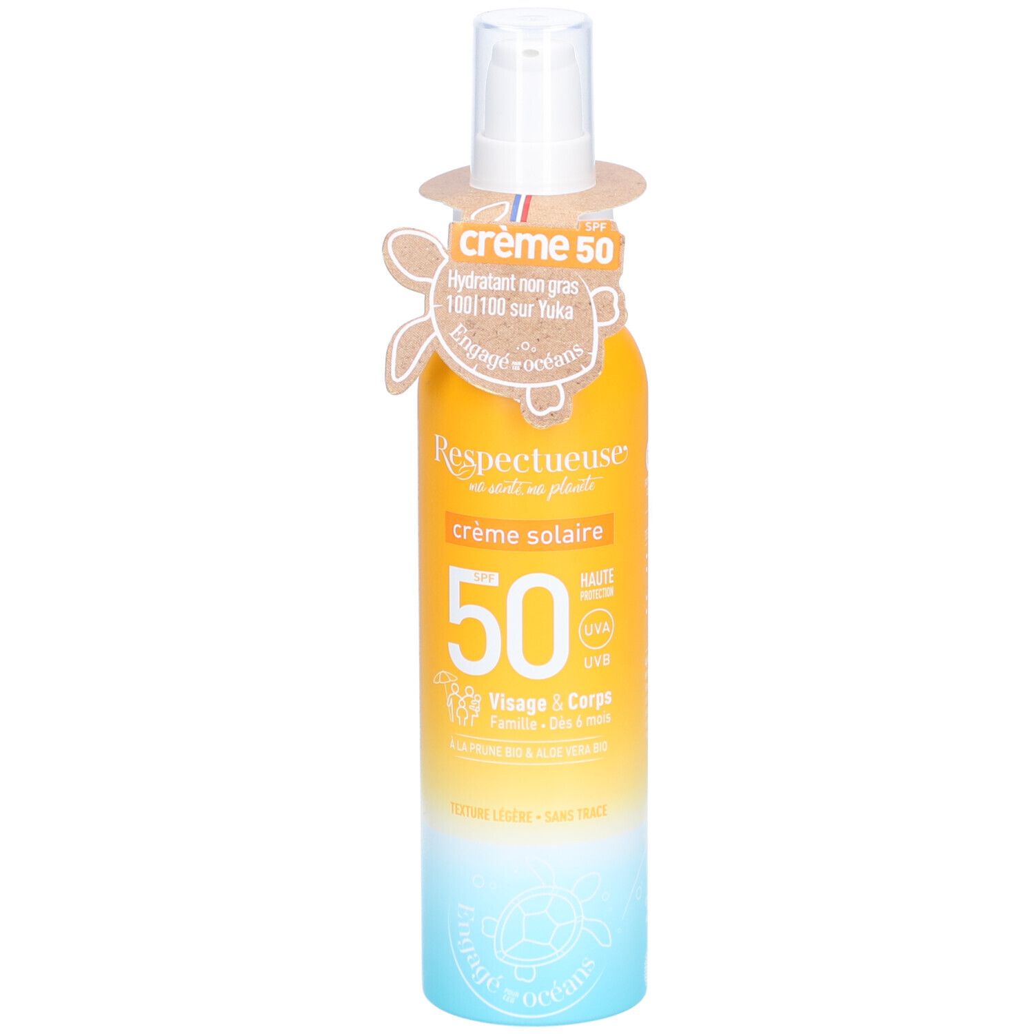 Zonnecrème fles met SPF 50, gele en blauwe kleurverloop. Met label 'Respectueuse'.