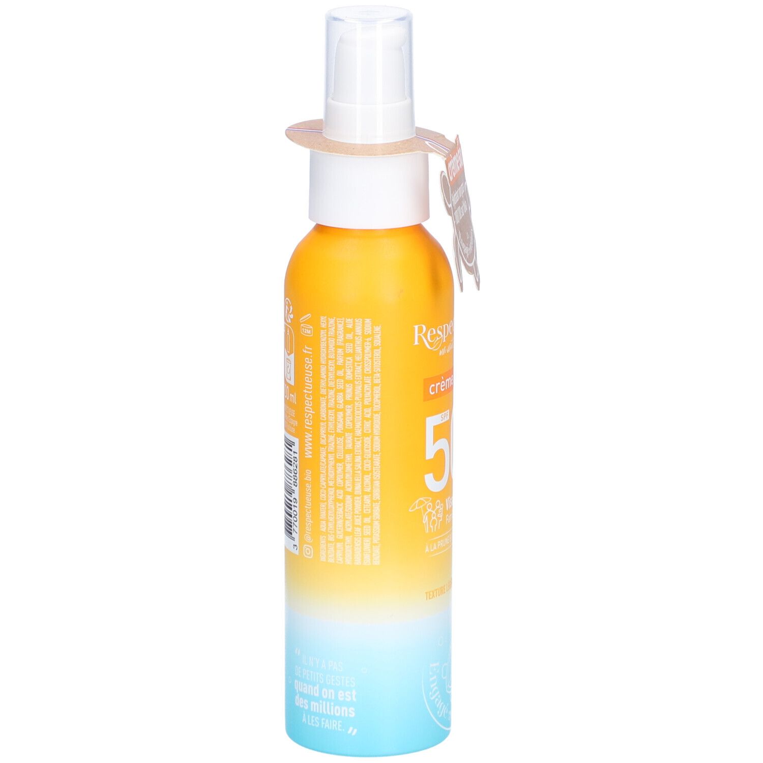 Zonnecrème fles met SPF 50, gele en blauwe kleurverloop. Achterkant met tekst.