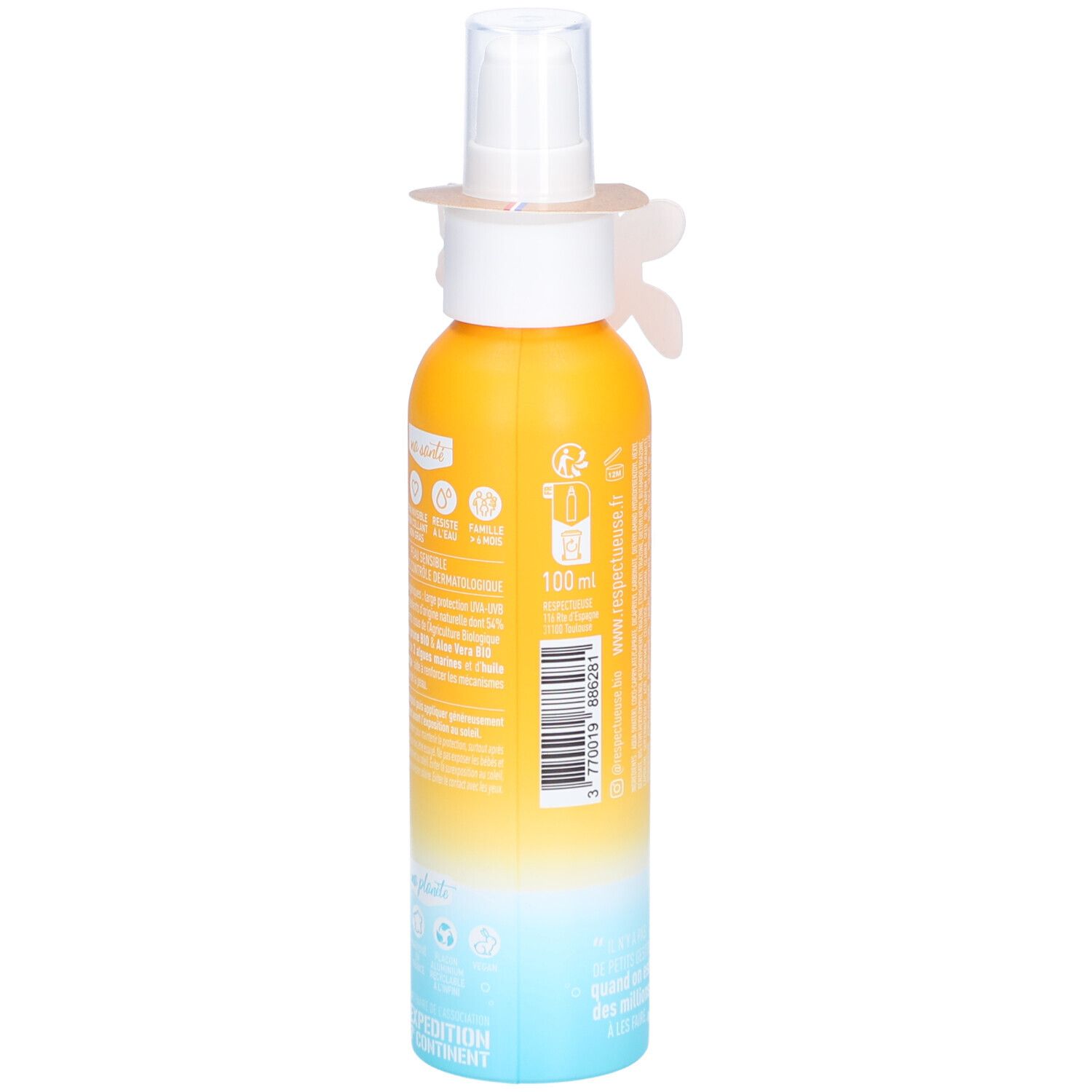 Zonnecrème fles met SPF 50, gele en blauwe kleurverloop. Achterkant met tekst en 100 ml.